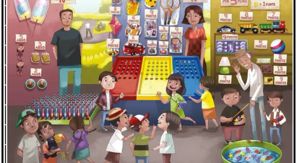 Niños jugando en una feria, intentando ganar premios en juegos de habilidad. Las láminas de expresión oral muestran los puntos y premios.