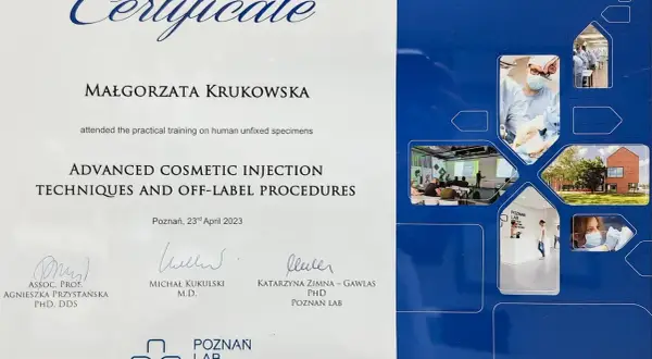 Certyfikat dla Małgorzaty Krukowskej za szkolenie z zaawansowanych technik iniekcji kosmetycznych. Agnieszka Przystańska, PhD, DDS, potwierdza jej udział.
