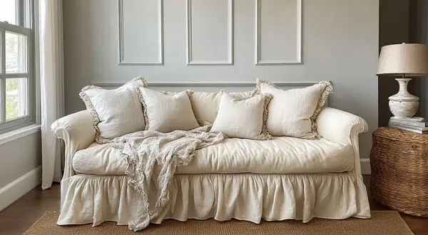 Przytulne wnętrza w stylu shabby chic: kremowa kanapa z falbaną, lniane poduszki i pled.