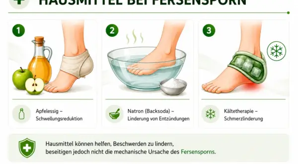Hausmittel bei Fersensporn: Apfelessig, Natronbad und Kälte helfen gegen Schwellungen und Entzündungen, lindern die Fersensporn-Symptome.