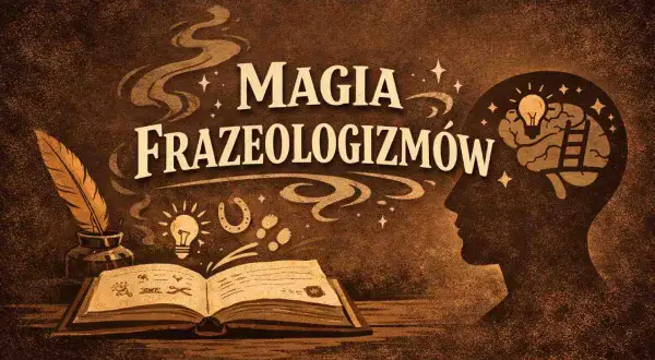 Magia frazeologizmów w głowie, gdzie wiedza rośnie jak na drożdżach. Księga, pióro i podkowa symbolizują bogactwo języka.