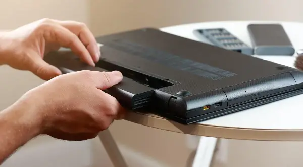 Dłonie wyjmują baterię z laptopa. To pierwszy krok, by sprawdzić stan baterii w laptopie i zadbać o jego wydajność.