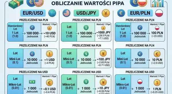 Wykres edukacyjny Forex pokazuje, co oznacza skrót PLN w kontekście przeliczeń na złotówki dla par walutowych EUR/USD, USD/JPY i EUR/PLN.