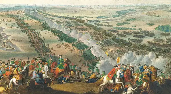 Stridande arméer i en vidsträckt slätt, med kavalleri i förgrunden. Karl XII leder sina trupper i en avgörande strid.
