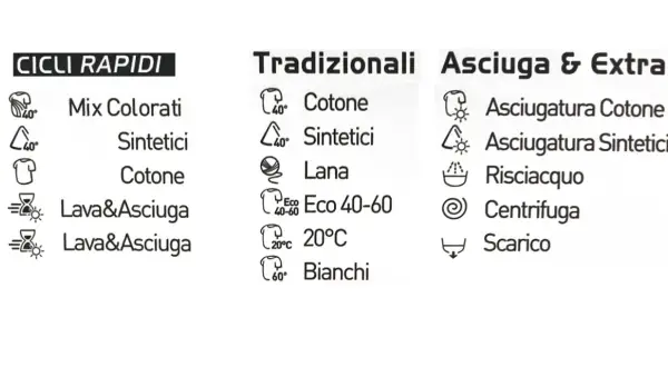 Simboli vaschetta lavatrice: cicli rapidi, tradizionali e asciugatura. Indicazioni per cotone, sintetici, lana, lavaggio e asciugatura.