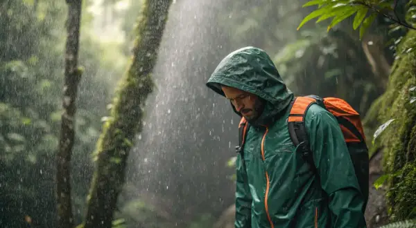 Ein Mann mit Rucksack wandert im Regen. Seine grüne Nylonjacke hält ihn trocken, aber unter der Kapuze schwitzt man in Nylon.