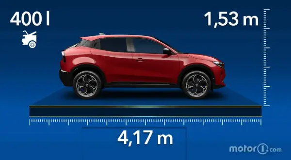 Le dimensioni dell'Alfa Romeo Junior: 4,17 m di lunghezza, 1,53 m di altezza e 400 litri di bagagliaio.