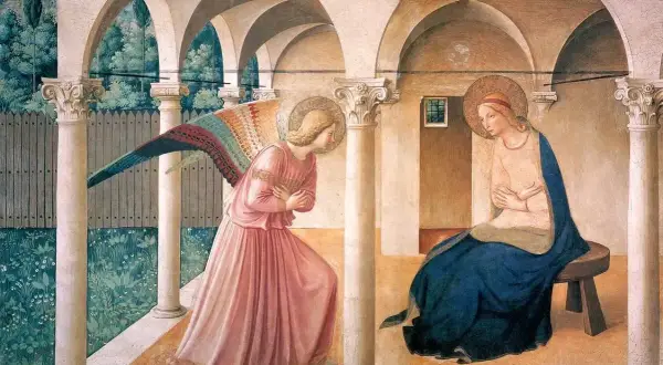 Anioł zstępuje do Maryi. To piękne dzieło sztuki przykłady, ukazujące scenę Zwiastowania.