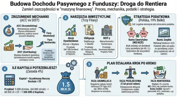Schemat pokazuje, jak pomnożyć pieniądze przez budowę dochodu pasywnego z funduszy. Od zrozumienia mechaniki ACC/DIST, przez narzędzia inwestycyjne, strategię podatkową, aż po plan działania krok po kroku.