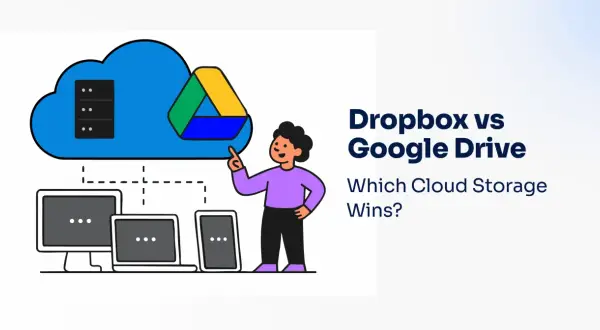 Illustration comparing Dropbox and Google Drive, highlighting Google Drive as a key competitor in cloud storage.