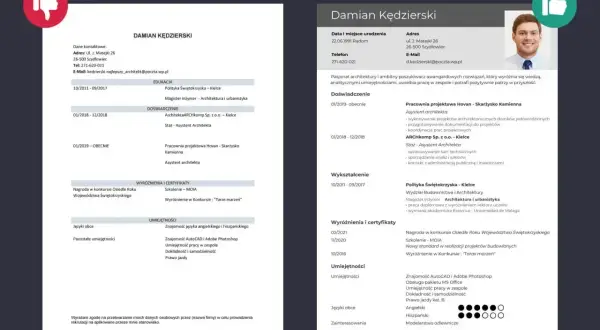 CV architekta Damiana Kędzierskiego, idealne do wysłania w mailu z CV. Zawiera dane kontaktowe, wykształcenie, doświadczenie, umiejętności i certyfikaty.