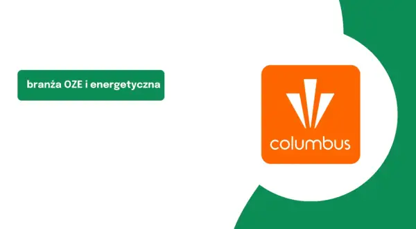 Logo Columbus Energy na tle zielonych kształtów. W tle zielony napis "branża OZE i energetyczna". Columbus Energy opinie.