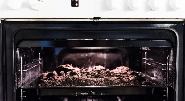 An open oven with a baking tray filled with soil on the rack.