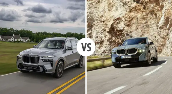 Dwa BMW: srebrne na tle posiadłości i szare na skalistej drodze. Czy to zapowiedź nowego BMW X8?