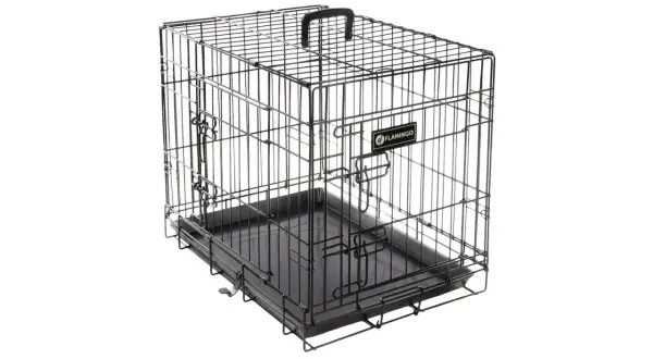Une cage métallique pliable avec un plateau noir, idéale pour le transport ou le dressage de votre animal.