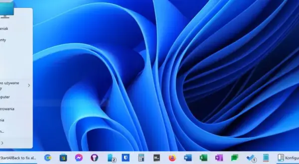 Menu Start w Windows 11, pokazujące opcje takie jak "Ustawienia" i "Panel sterowania", pomocne przy próbie zmiany położenia paska zadań Windows 11.
