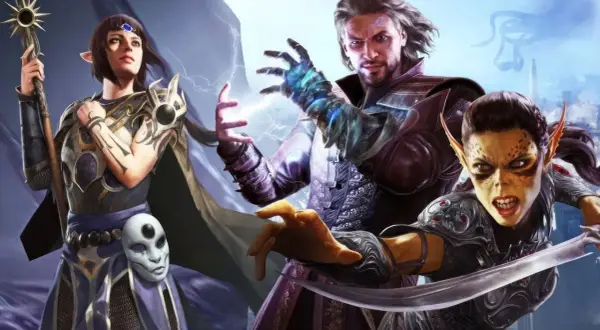 Trzy postacie z Baldur's Gate 3 na Nintendo Switch: elfka z laską, czarodziej rzucający zaklęcie i wojowniczka z mieczem.