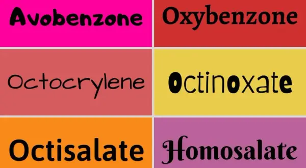 Sześć filtrów UV: Avobenzone, Oxybenzone, Octocrylene, Octinoxate, Octisalate, Homosalate. Zwróć uwagę na potencjalną szkodliwość octocrylene.