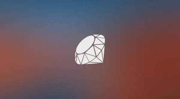 Biały symbol szlifowanego kamienia szlachetnego, przypominający logo języka programowania ruby, na tle gradientu od niebieskiego do czerwonego.
