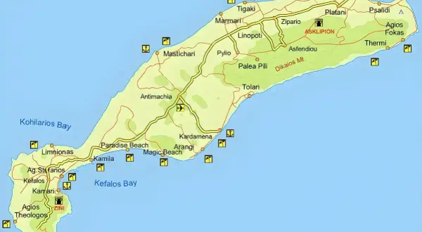 Mapa wyspy Kos z zaznaczonymi drogami, plażami i miejscowościami. Idealna do planowania zwiedzanie samochodem.