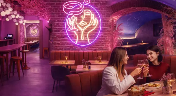 Dwie kobiety wznoszą toast w klimatycznym wnętrzu, gdzie neonowy portret i ceglane ściany tworzą atmosferę nietypowych restauracji w Warszawie.