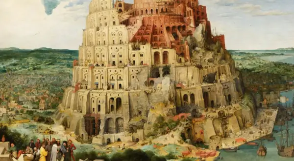 Monumentalna wieża Babel w budowie, z licznymi robotnikami i statkami w porcie.