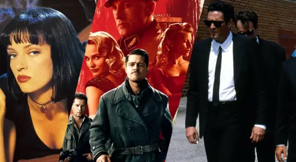 Kolaż postaci z kultowych quentin tarantino filmów: Uma Thurman, Brad Pitt, Christoph Waltz i panowie w czarnych garniturach.