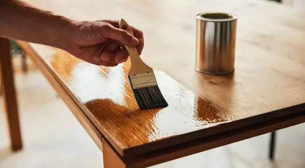 Main d'un artisan appliquant un vernis pour restaurer une table en contreplaqué. La finition brillante redonne vie au bois.