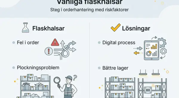 Vanliga flaskhalsar i orderhantering: fel i order, plockningsproblem. Lösningar: digital process, bättre lager. Exempel på instruktioner för effektivitet.