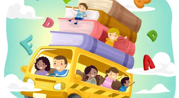 Niños felices en un autobús escolar lleno de libros, aprendiendo juegos del abecedario en inglés.