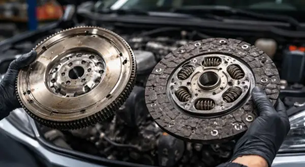 Un mécanicien tient un volant moteur et un disque d'embrayage usagés. Faut-il changer le volant moteur avec l'embrayage ?