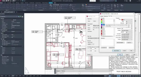 Aplikacja do projektowania wnętrz w programie AutoCAD, z widocznym oknem edytora stylów wydruku i planem mieszkania.