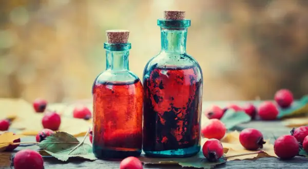 Dwa szklane, turkusowe butelki z korkami, wypełnione czerwonym płynem i owocami w alkoholu. Wokół leżą czerwone owoce i jesienne liście.