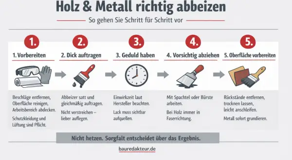 Schritt-für-Schritt-Anleitung zum Holz abbeizen: Vorbereiten, dick auftragen, Geduld haben, abziehen und Oberfläche vorbereiten.