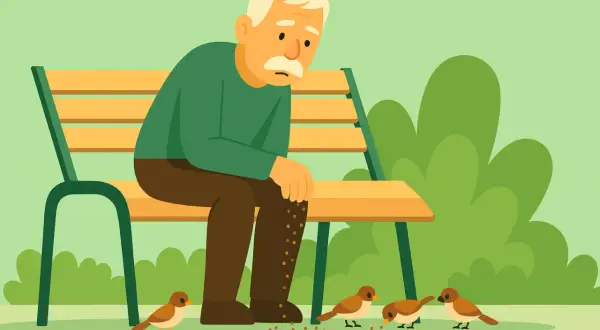 Een eenzame man op een bankje, die zaadjes strooit voor vogels. Hij lijkt te willen **graag alleen zijn**, maar de vogels zoeken toch zijn gezelschap.