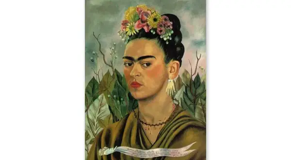 Self-portrait by Frida Kahlo, a renowned artist like Frida Kahlo, adorned with flowers and a thorny necklace, holding a ribbon with text.