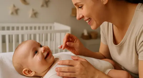Uśmiechnięta mama delikatnie aplikuje krem na policzek niemowlaka, dbając o higienę jamy ustnej noworodka.