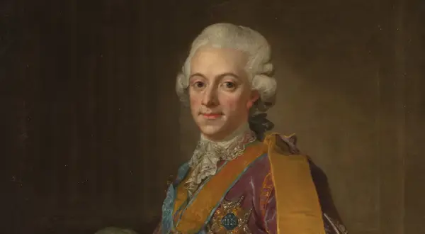 Porträtt av Adolf Fredrik, far till Gustav IV Adolf, i kunglig dräkt med ordnar.