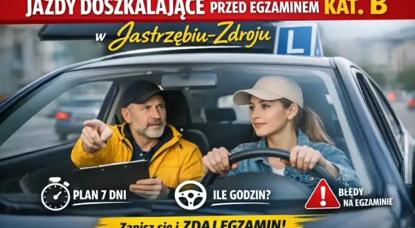 Instruktor pokazuje drogę kursantce podczas jazdy samochodem w Jastrzębiu-Zdroju. Przygotuj się do egzaminu!