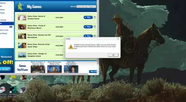 Błąd gry Nancy Drew: "Nie znaleziono urządzenia DirectX. Upewnij się, że masz zainstalowany DirectX 11 i najnowsze sterowniki karty graficznej.