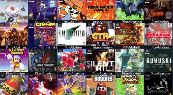 Kolekcja okładek gier na PlayStation, w tym Final Fantasy VII, Crash Bandicoot, Metal Gear Solid i inne klasyczne gry na PSP.