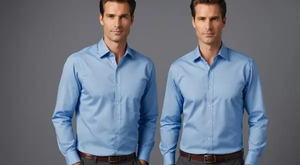 Deux hommes portent des chemises bleues sans repassage, parfaites pour un style impeccable sans effort.