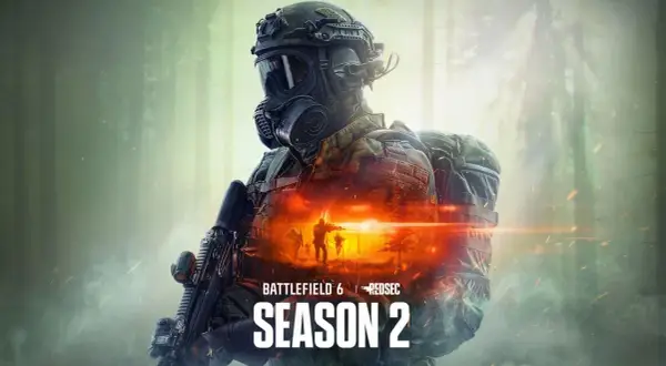 Soldat mit Gasmaske und Waffe, im Hintergrund eine brennende Szene. Battlefield 6 Season 2.