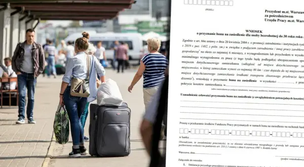 Wniosek o bon na zasiedlenie 2025. Osoby z bagażami czekają na dworcu, gotowe na nowy start.