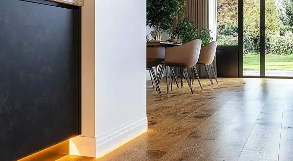 Nowoczesne wnętrze z drewnianą podłogą i oświetleniem LED. Eleganckie rozwiązanie co zamiast listwy progowej, tworzy subtelny efekt.