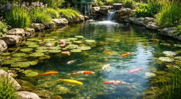 Ein idyllischer Gartenteich mit Seerosen und bunten Koi-Karpfen. Wo sind nur alle Fische aus dem Teich verschwunden?