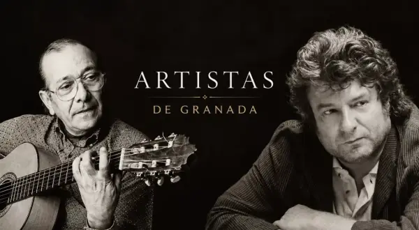 Dos artistas de Granada, uno tocando la guitarra, evocan el alma del cante andaluz.