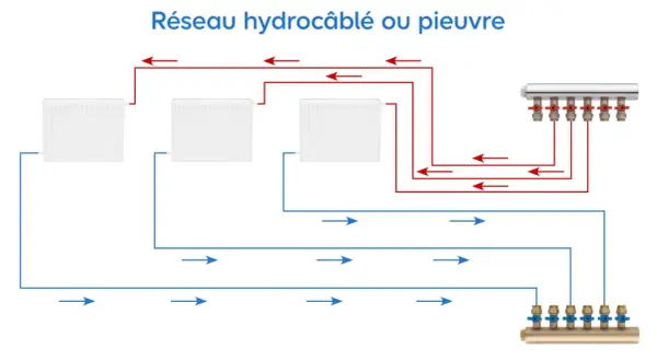 Schéma d'un réseau hydrocâblé ou pieuvre pour un circuit de chauffage central, montrant les radiateurs et les collecteurs.