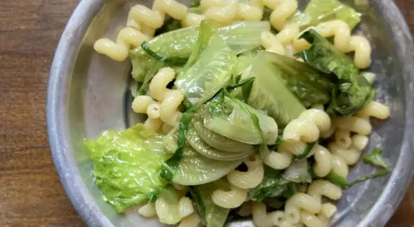 Piatto di pasta con lattuga bollita, un contorno semplice e salutare.