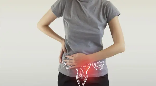 Donna con mani sull'addome, evidenziato un disegno dell'utero con aree rosse, suggerendo sintomi ovulazione dolorosa.